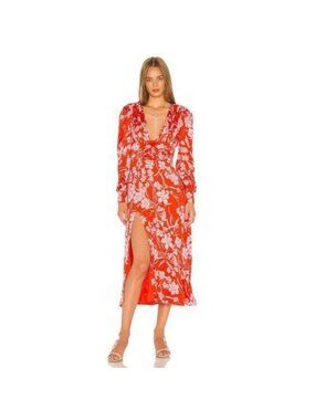 Song Of Style Red Floral Satin Midi Dress